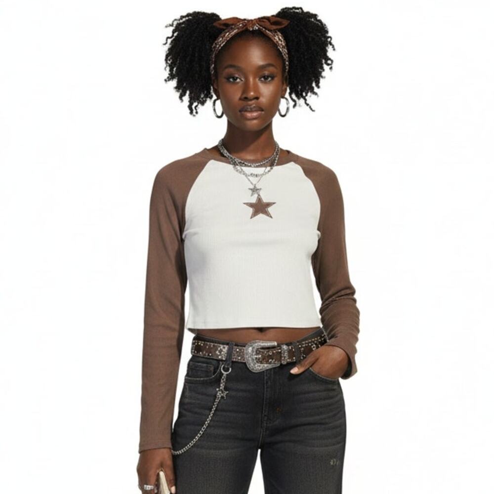 YITEMEI Star Raglan Long Sleeve Crop Top Womens XL Brown Cream Western Y2K
